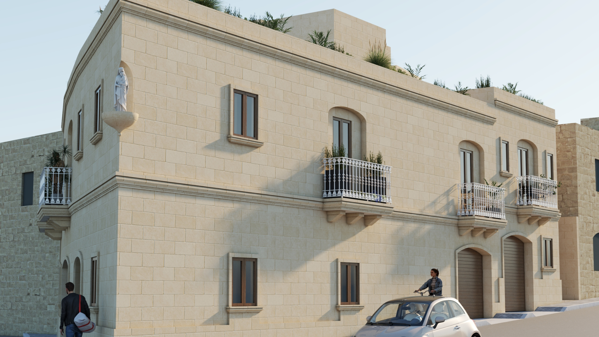 Limestone exterior and balconies at Ta’ Ċenċ Houses UCA development in Sannat